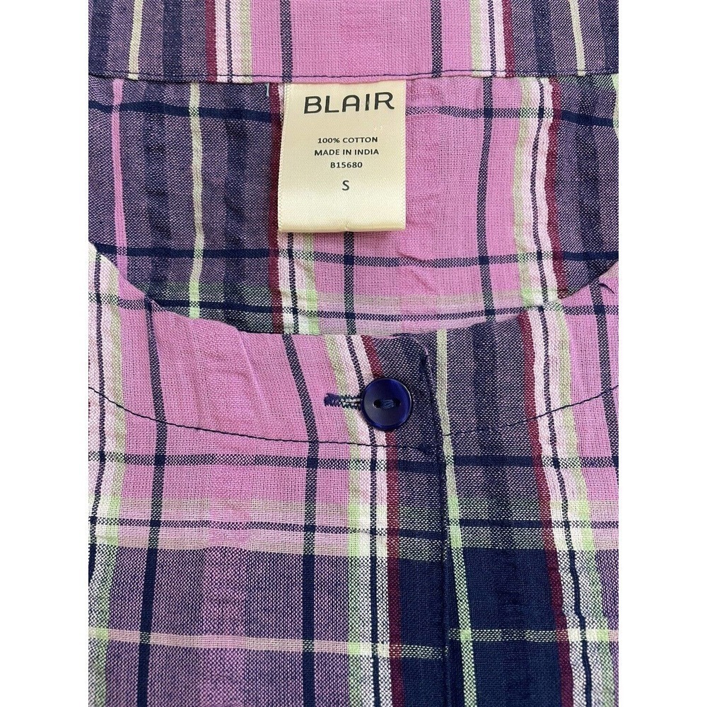 Blair Womens Large Blouse Cotton Blend Purple Blue Check‎ Short Sleeve Button up - Picture 3 of 6
